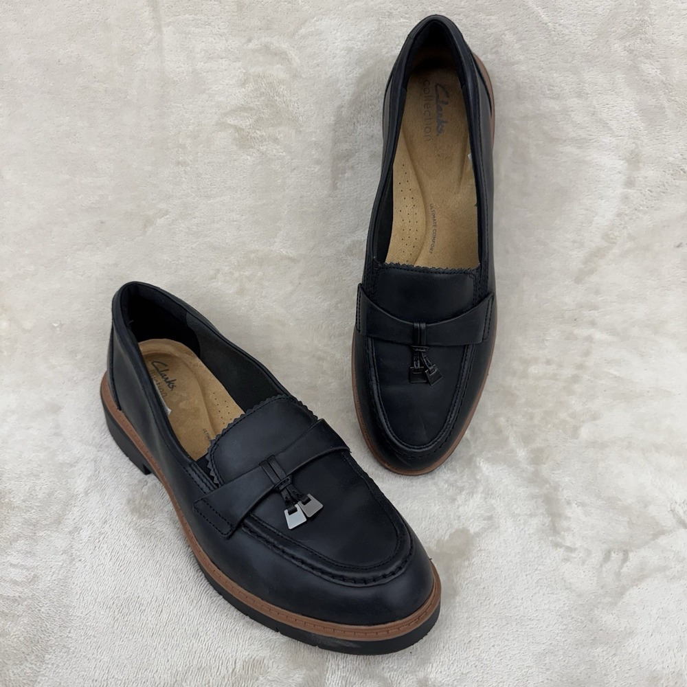 Clarks Westlynn Bella Womens 12 M Black Leather Tassel Lug Sole Loafers